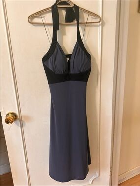 London Times Slate Blue and Black Halter Dress